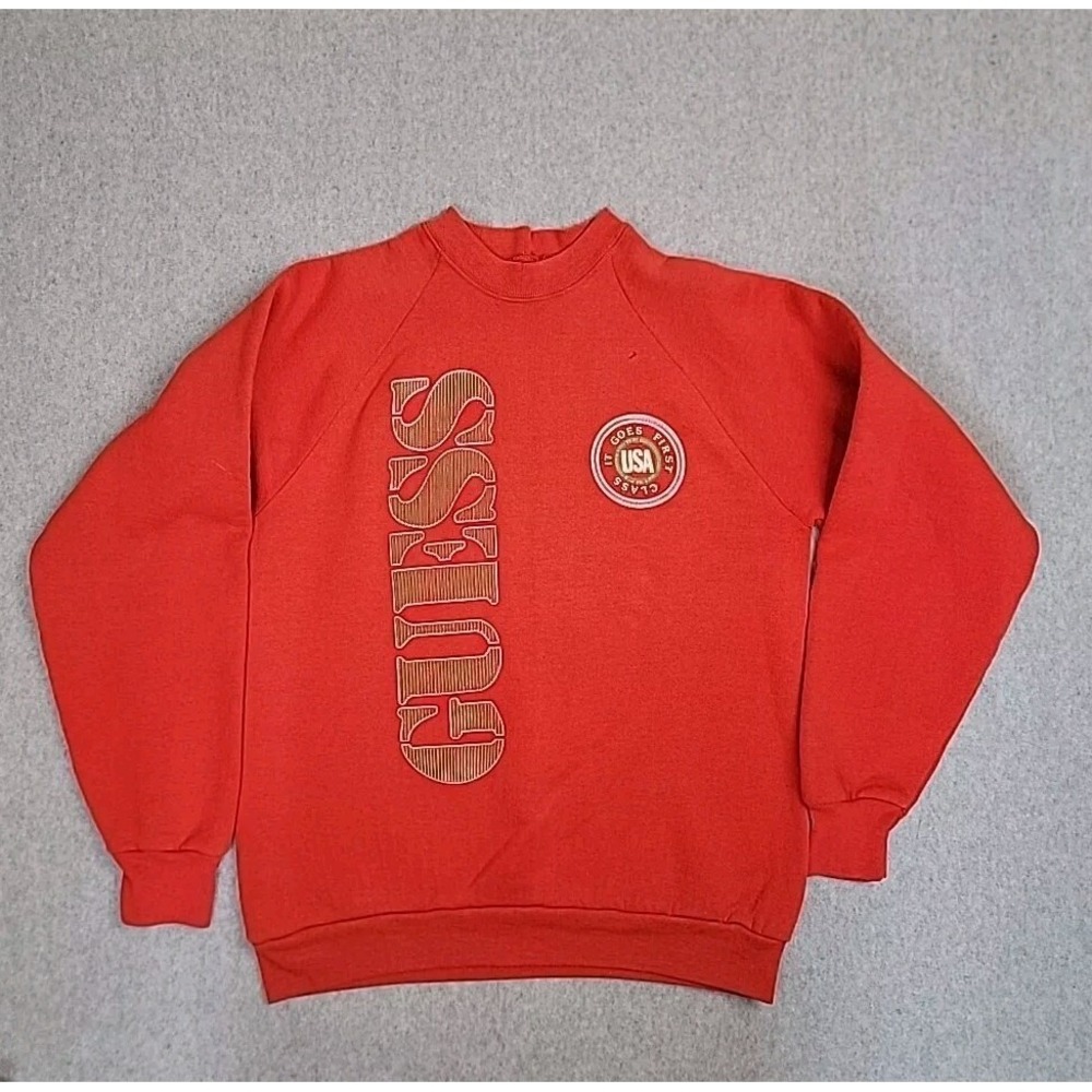Guess Sweatshirt Mens Medium Red Vintage 90s USA Graphic Raglan Crewneck Fleece
